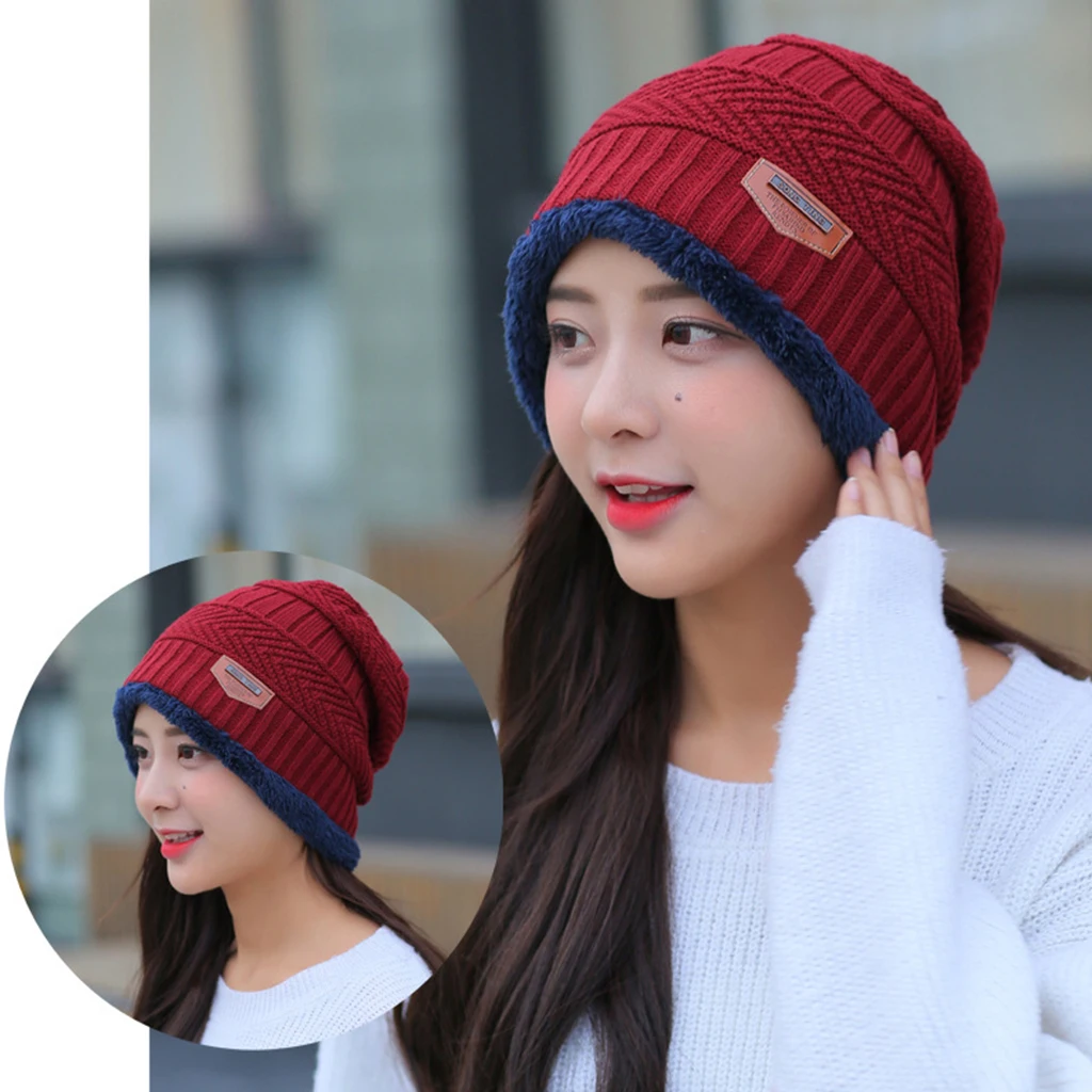 2PCS Men's Women's 2 Sided Beanie Winter Warm Knit Ski Knitted Scarf Hat Windproof Couple Hat Slouchy Hats with Pom Scarves