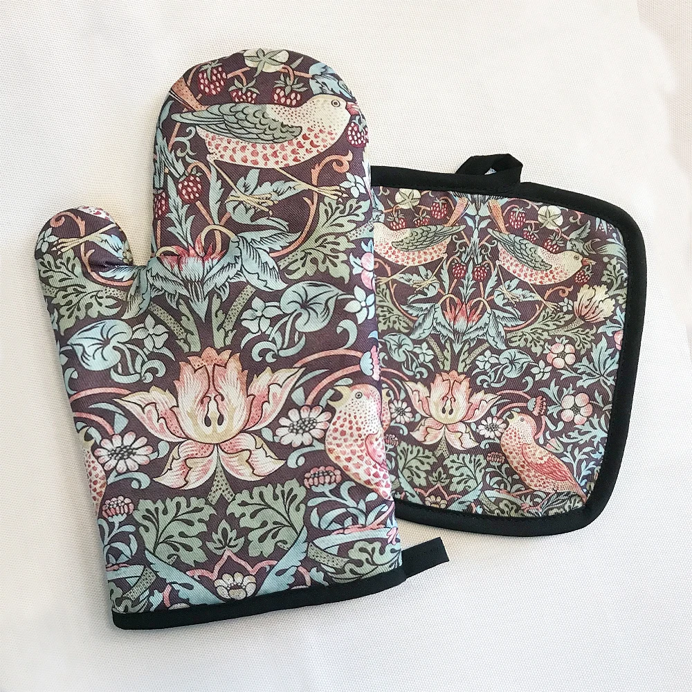 Kitchen Gloves Plant Pattern Polyester Oven Glove Heatproof Mitten Oven Mitts and Potholder Mat for Kitchen Retro pattern Insulated Gloves