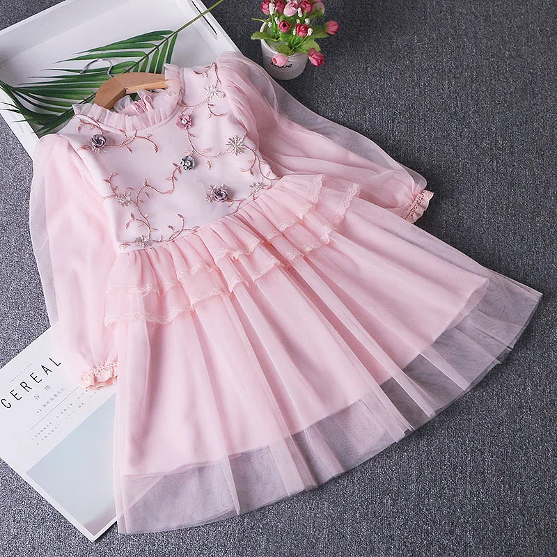 Детское платье принцессы с цветами для девочек; теплая одежда; платья с рукавами-фонариками для девочек; зимний костюм принцессы; От 4 до 11 лет