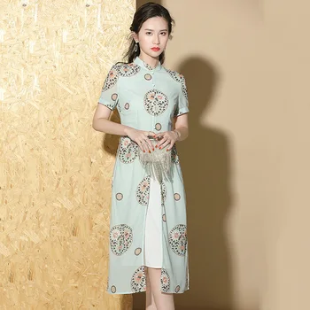 

2020 Summer new Chinese style Tie-dye Improved cheongsam Short sleeve high-end Tang suit Temperament woman long Cheongsam dress