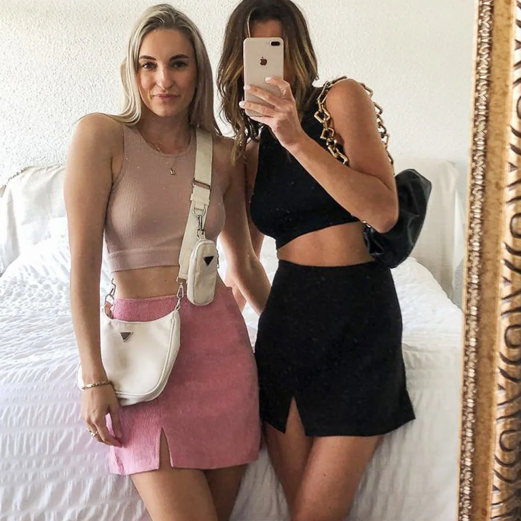 Faldas Mujer Moda 2020 Solid Cotton A-Line Above Knee, Mini Pink Skirt Empire Casual Autumn Winter High Waist Split Short Skirt