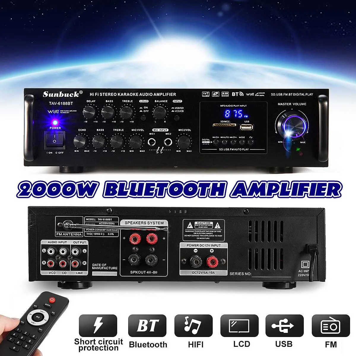 Мощность Фул 2000W 110V 220V bluetooth 4ohm стерео аудио Hi-Fi усилитель караоке + RC Поддержка 2 MIC