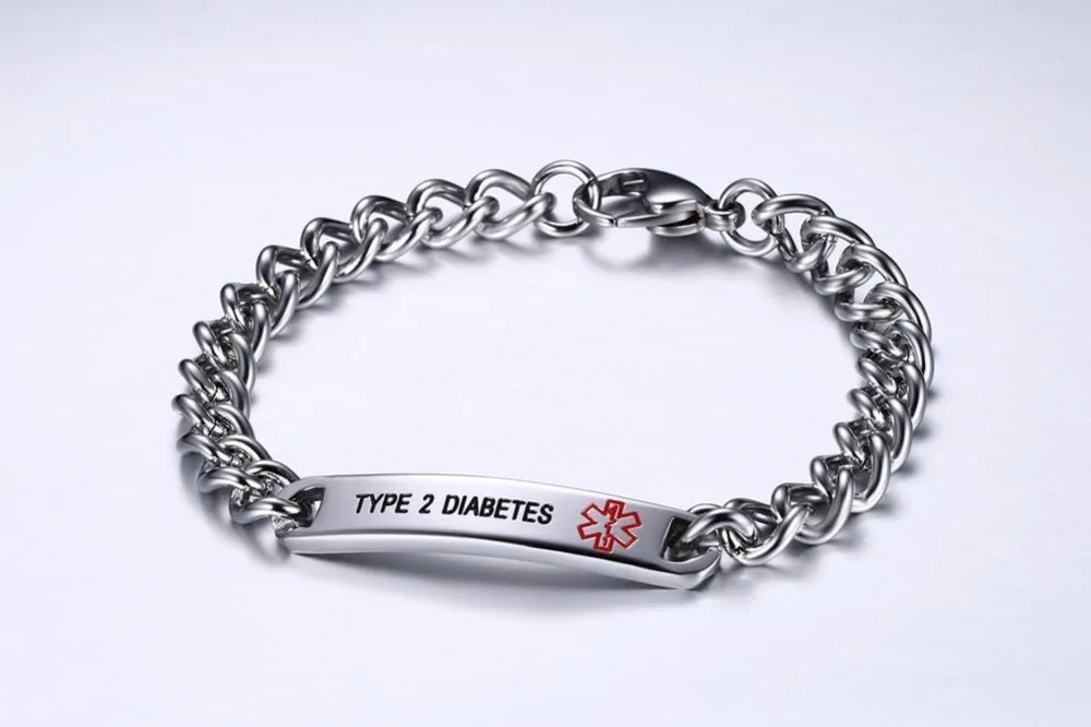 Mens Womens Stainless Steel Medical Alert ID Bracelets TYPE 2 DIABETES 15