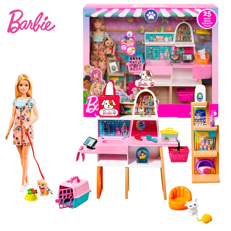 

Barbie Blonde Doll Pet Supply Store Set Boutique Shop Playset 4 Pets With Accessories Girls Play House Toy Gift GRG90