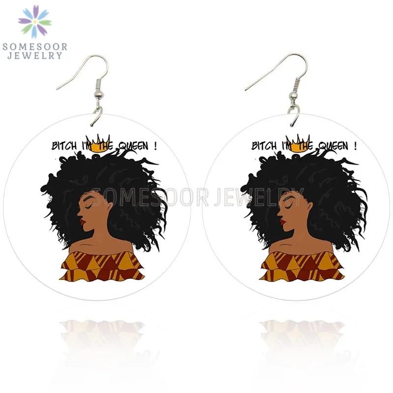 SOMESOOR Afro Dite натуральные волосы деревянные висячие серьги хиппи Черная Королева африканская древесина с двусторонней печатью ювелирные изделия для женщин Подарки - Окраска металла: Both Sides Print 1