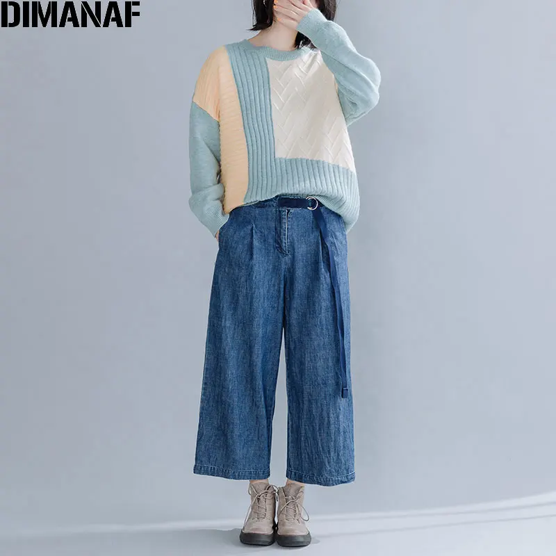 DIMANAF, Осень-зима, плюс размер, женский свитер, вязаный пуловер, женские топы, пэчворк, длинный рукав, модная повседневная женская одежда, новинка - Цвет: Tao8748-lan