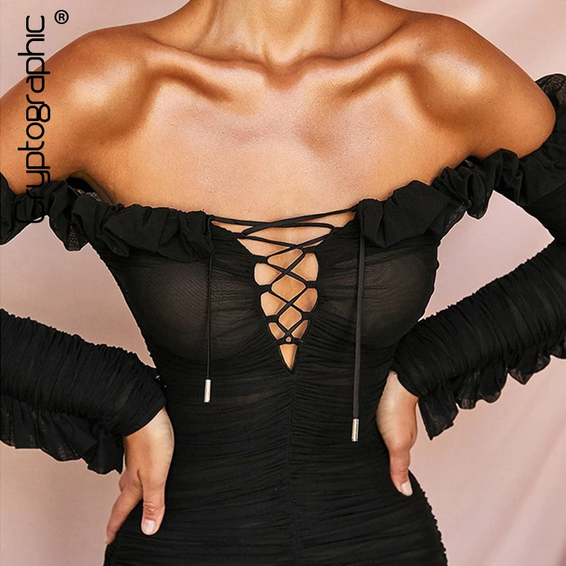 

Cryptographic Sexy Mesh Dresses Women Deep V-neck Lace up Off Shoulder Mini Dresses Ruffle Hem Backless Bodycon Dress Clubwear