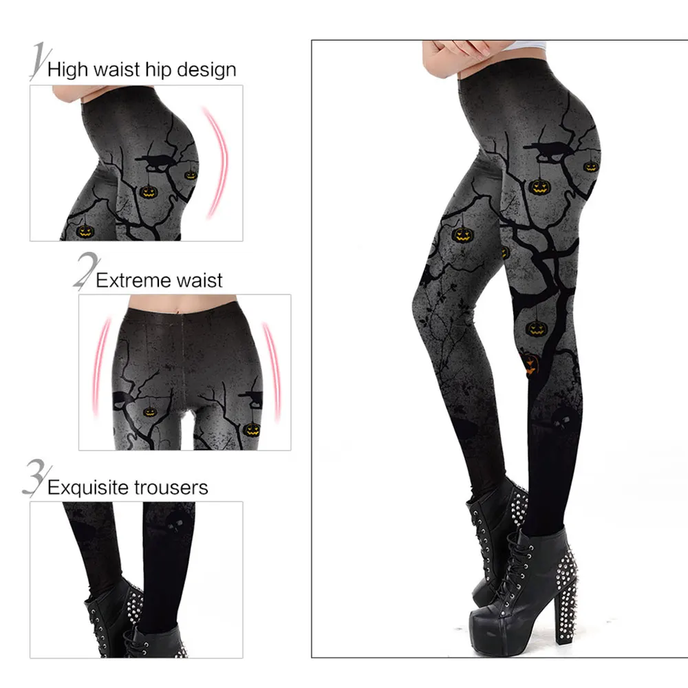 Vessos Casual Trousers Halloween Leggings Fitness Party Sport Pants Leisure Fashion Running Pumpkin Printing Black Polyester
