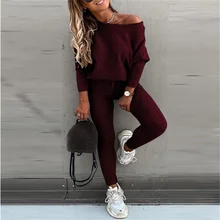 

two piece set women hoodie and pants free shipping femme solid casual lace up oblique shoulder sports trousers set fast shipping