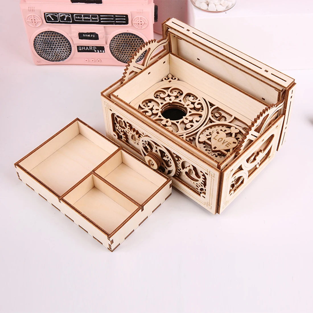diy assembly toys Wooden Mechanical Transmission Model Music Double Jewelry Box Assemble Treasure Boxes
