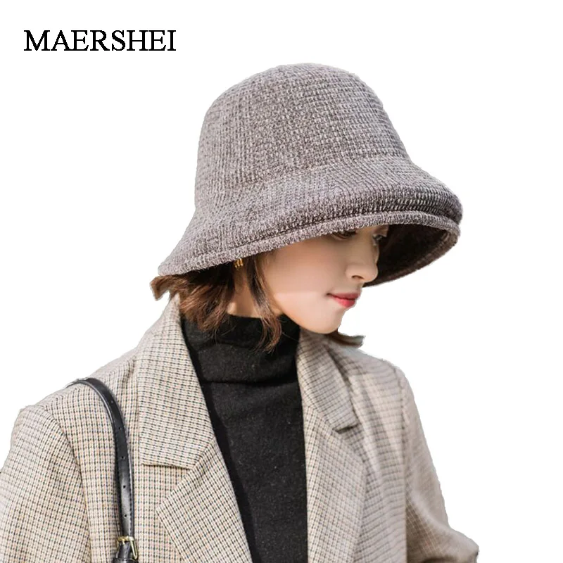 Winter hat female wool knit hat Handmade Beanie Knitting Coarse Wool Bucket Cap Knitting Fisherman Hat Female Fashion Basin Buck