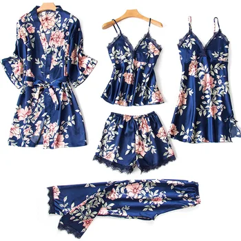 

Summer 5PCS Sleepwear Print Flower Women Robe Set Kimono Bath Gown SEXY Lace Mini Nightgown Nightdress Casual Satin Home Clothes