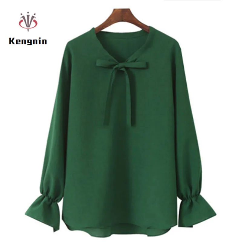 

Autumn European Style 2018 Plus Size 4XL Women Loose Chiffon Blouse Bow Long Flare Sleeve Female Tops Fashion OL Brand Clothing