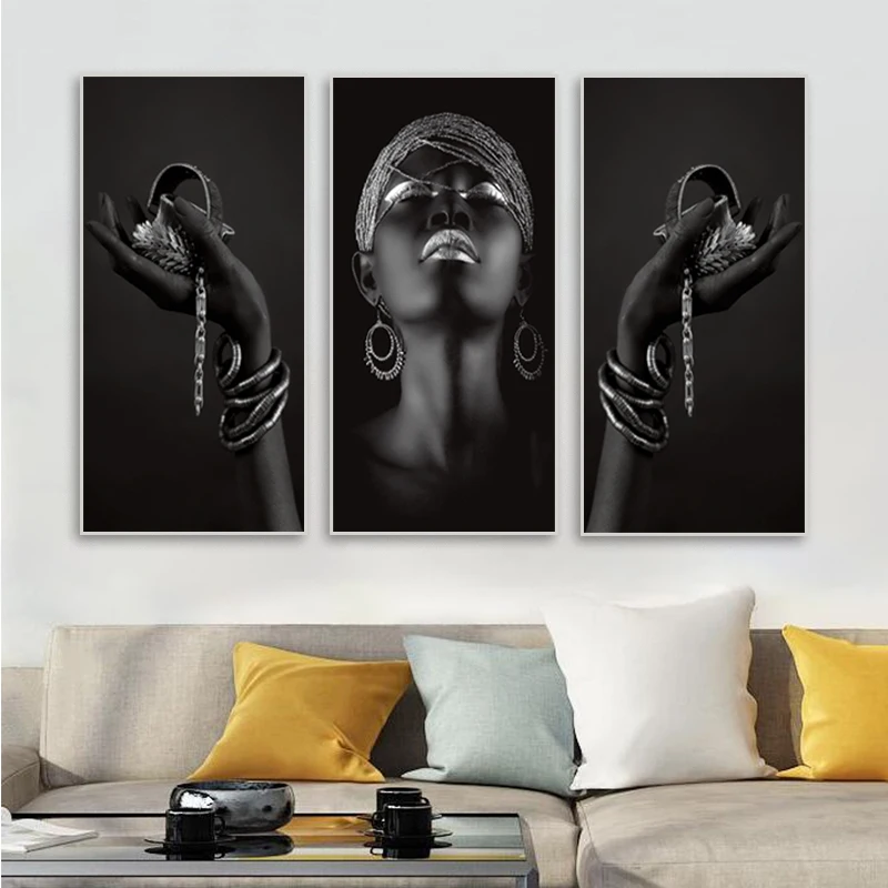 African Woman Posters and Prints Wall Art Black Hands Holding Silver Jewelry Canvas Painting Wall Pictures For Living Room Decor