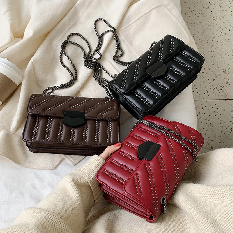 

Fashion Rivet Chain Shoulder Bags For Women Elegant Solid Color Small Flap Bags Luxury Chain Handbags Chic Messenger Bags Purses