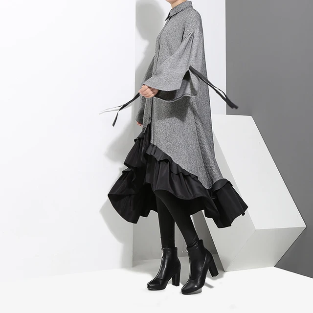 [EAM] 2022 New Spring Lapel Long Sleeve  Bandage Solid Color Gray Big Hem Irregular Loose Dress Women Fashion Tide JD717 3