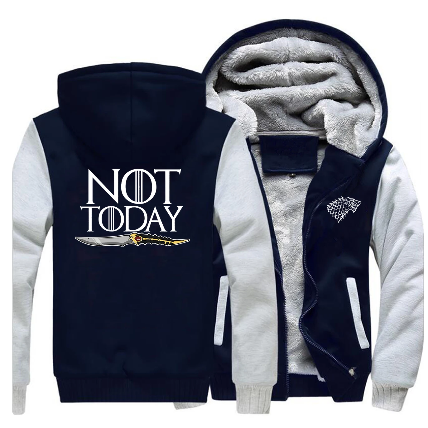 Не сегодня принт толстые флисовые толстовки Мужская теплая толстовка Игра престолов Волк зимняя куртка утепленное пальто на молнии Модная брендовая Толстовка - Цвет: Gray Dark Blue