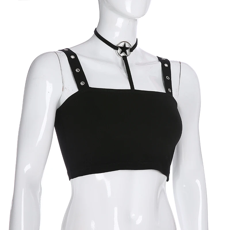 Women Sexy Slash Neck Off Shoulder Eyelets Cami Top with Metal Star Choker Gothic Black Halter Crop Top Party Club Tank Tops