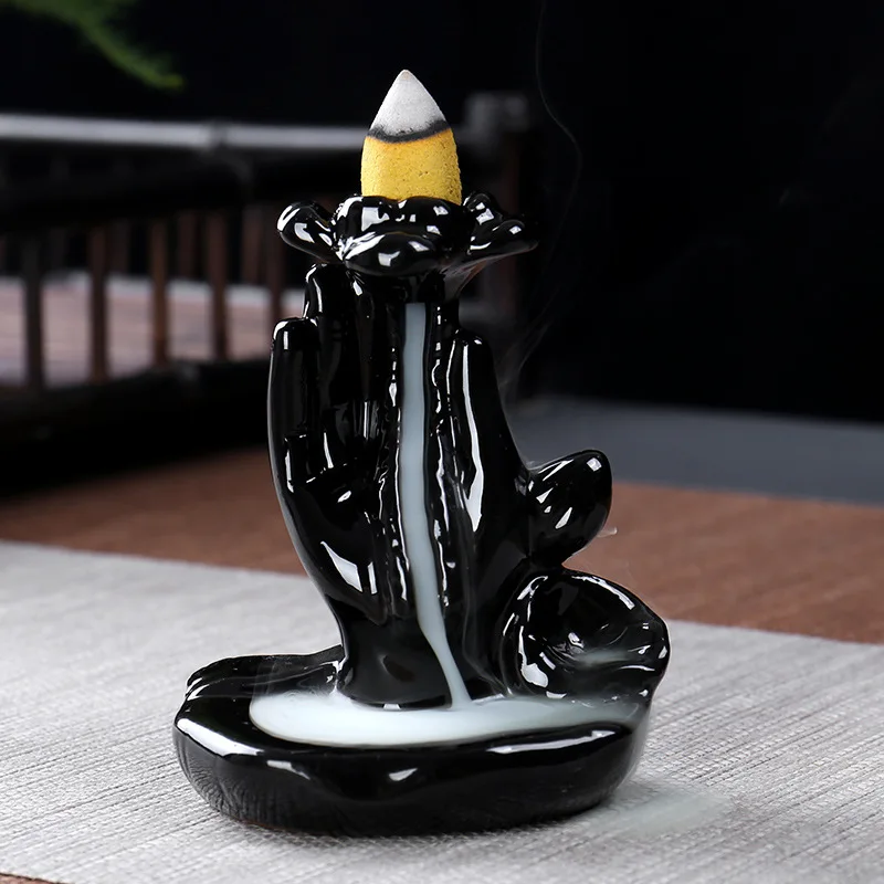 19 Style Creative Ceramic Incense Holder Portable Backflow Censer Aromatherpy Burner with Reflux Cones+ 10Pcs Incense - Цвет: Черный