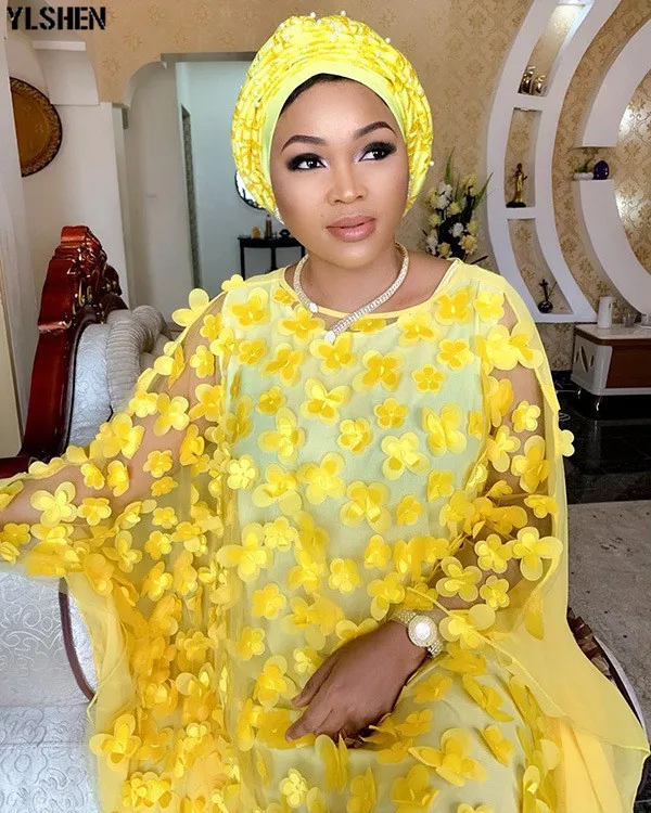 New Lace African Dresses for Women Dashiki Loose African Clothes Bazin Boubou Robe Africain Skirt Flower Embroidery Long Dress 01