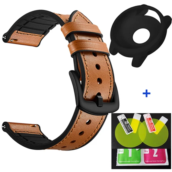 Brown YHNUJM кожаный силиконовый ремешок 22 мм Amazfit Band 2+ Защитная пленка из термополиуретана+ силиконовый чехол для Xiaomi Huami Amazfit Watch 2 - Цвет: Brown