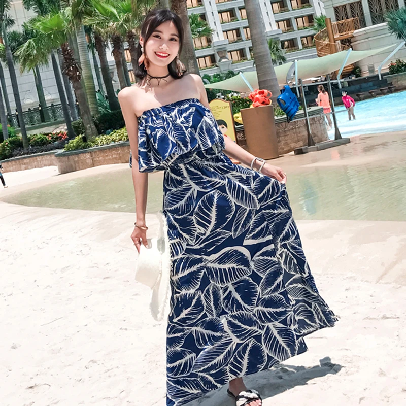 Kaufen Sommer Frauen Blau Gedruckt Party Kleid Elegante Lange Tropical Trägerlosen Urlaub Koreanische Chiffon Maxi Strand Sommerkleid Runway 2020