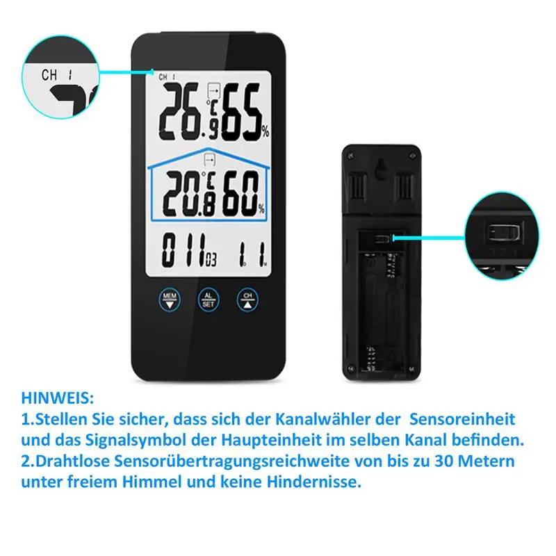 

Weather Station, Wireless Temperature Humidity With Outdoor Sensor, White Backlight Display, Press Screen Outdoor Indoor Therm