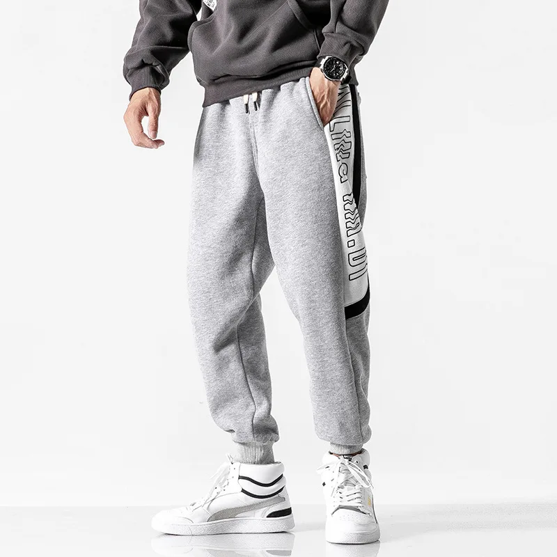 

City Where the Product Origional Winter Two-color Side Printed Contrast Color plus Velvet Casual Athletic Pants Men Ankle Banded