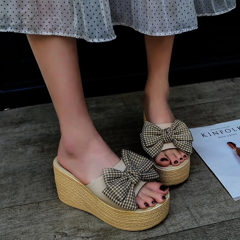 

Sweet Women's Slippers Plaid Print Butterfly-knot Shoes Peep Toe Platform Sandal Thick-soled high heels Slipper Slip-On Shoes