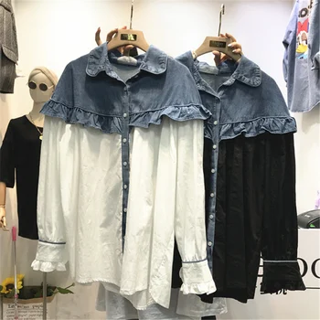 

2020 Spring Clothing New Women's Lapel Flounced Cowboy Stitched Shirt Super Fire Students Loose Denim Shirts Blouses Jeans Shirt