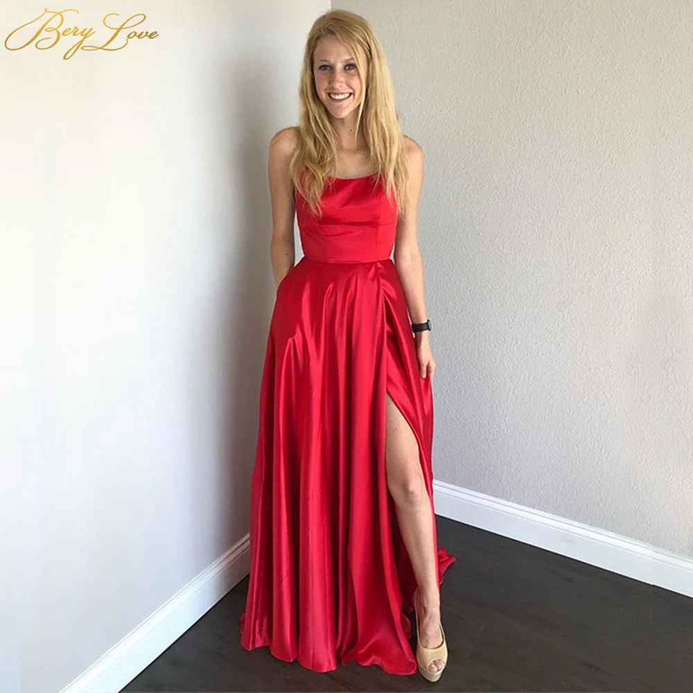 

Spaghetti Straps Red Prom Dress 2019 Scoop Neck High Slit Evening Gown Train Open Back Prom Party Dress A line Abiye robe femme