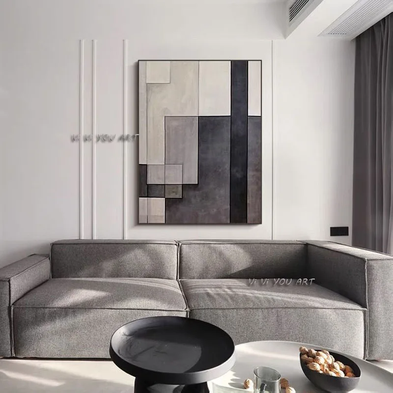 

100% Handmade Black and White Geometry Abstract Oil Painting Minimalist Modern On Canvas Wall Art Decorative For Living Room