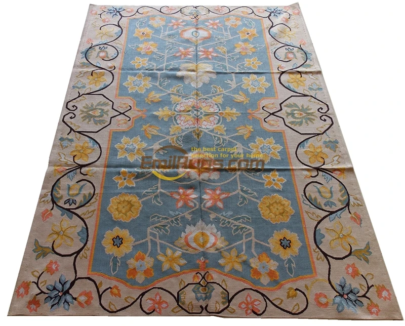 US $720.00 Handmade Aubusson Carpet Blue Beige Finest Silk Retro Splendid Home Treasure1414CB6 4 X 6 SP4 Gc8aubsilk