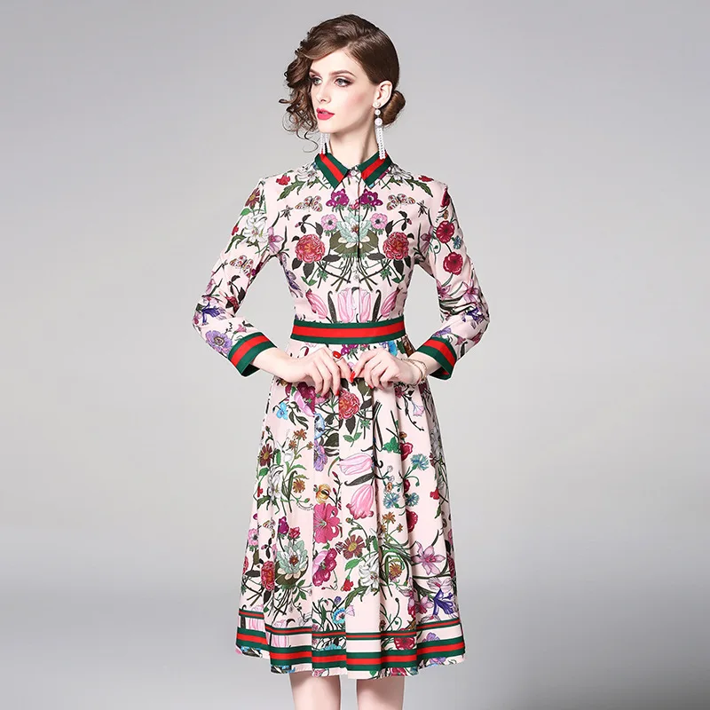 

Europe And America Retro WOMEN'S Dress 2019 Spring And Autumn New Style Fold-down Collar Single Breasted Waist Hugging Pleated M