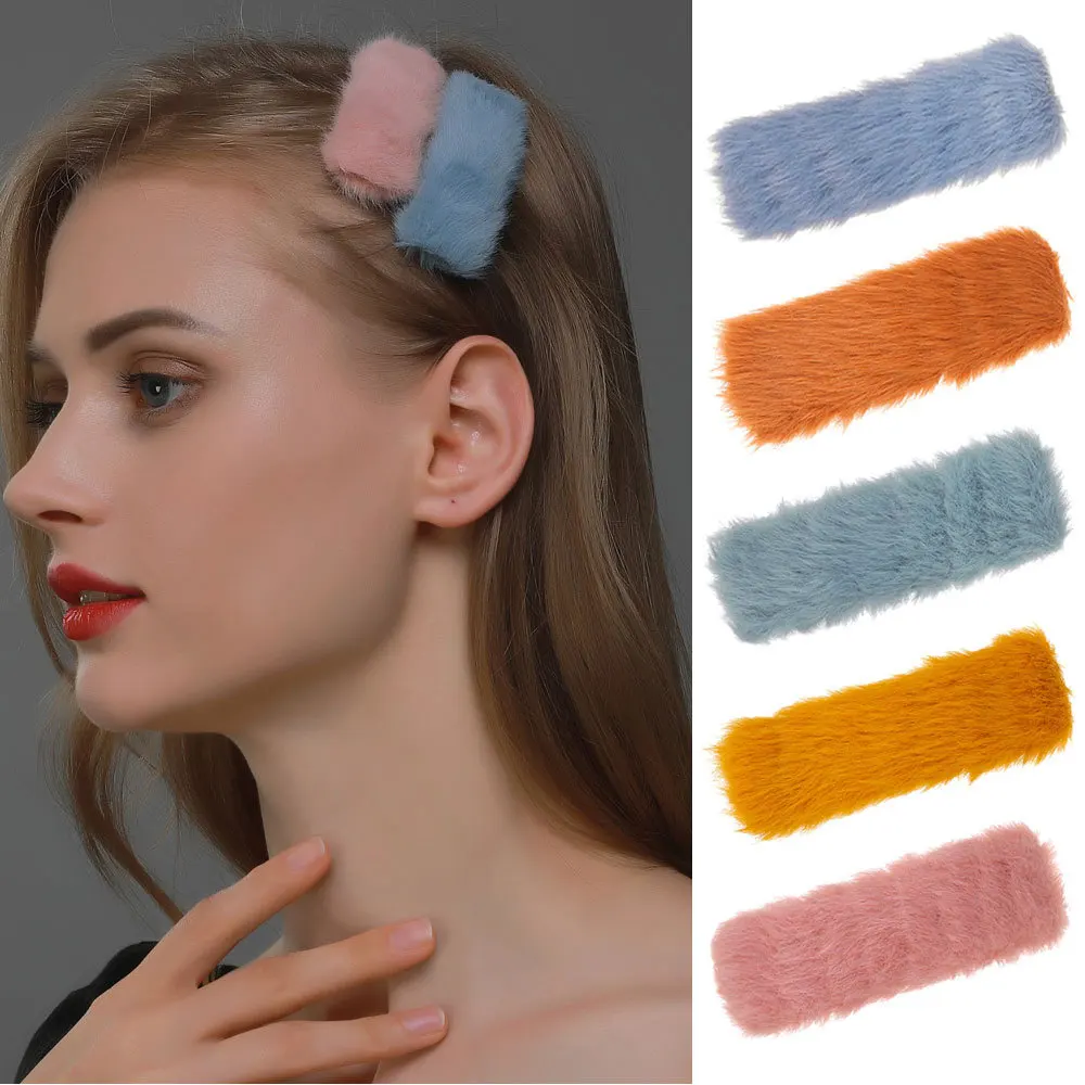 

Multicolor Square Plush Fluffy Clip Sweet Large Hairpin for Women Autumn and Winter Fashion Trend Bangs Clip Girl Gift 2020 New