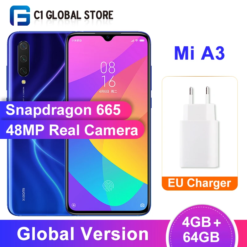 Xiaomi Mi A3 Смартфон с восьмиядерным процессором Snapdragon 665 ОЗУ 4 Гб ПЗУ 64 ГБ 48 МП 6 088