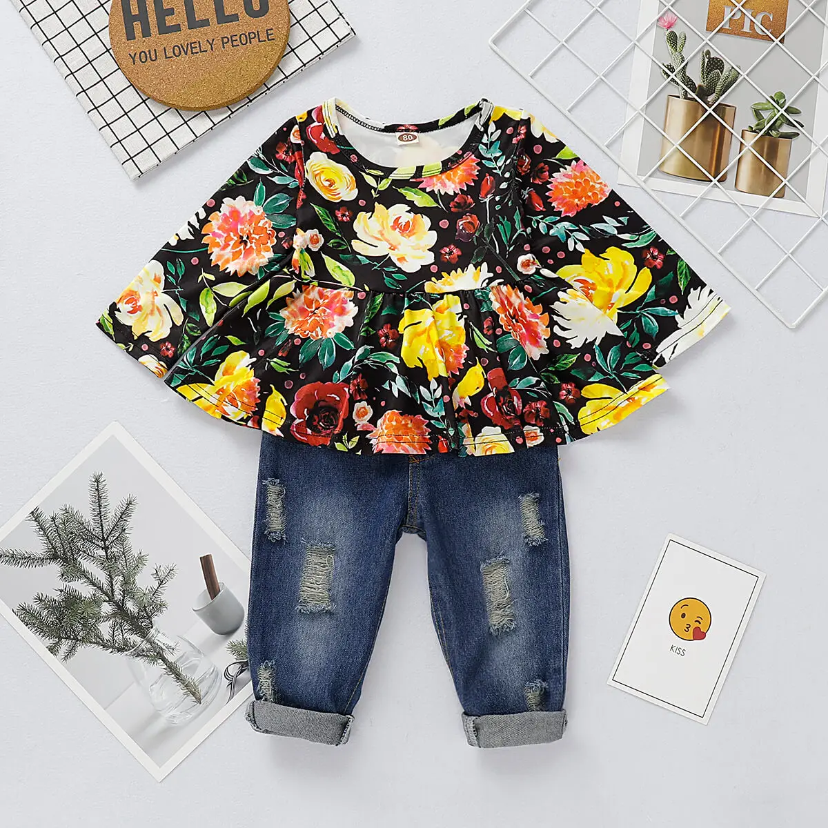 

Spring Girls Clothes Kids Clothing 2Pcs Floral Soft Long Sleeve Tops Tees+Jeans Baby Girl Clothes 2-4 Age denim hole Pant D30