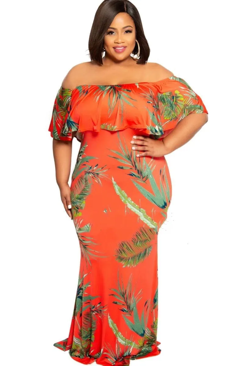 2019 летнее платье женское с открытыми плечами и принтом Большие размеры большие