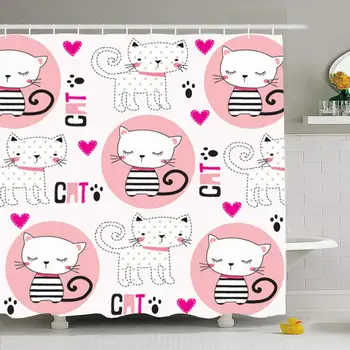 

Shower Curtain Set with Hooks 72x78 Cute Cheerful Childish Baby Girl Collection Pattern Cats Animals Wildlife Stripes Polka