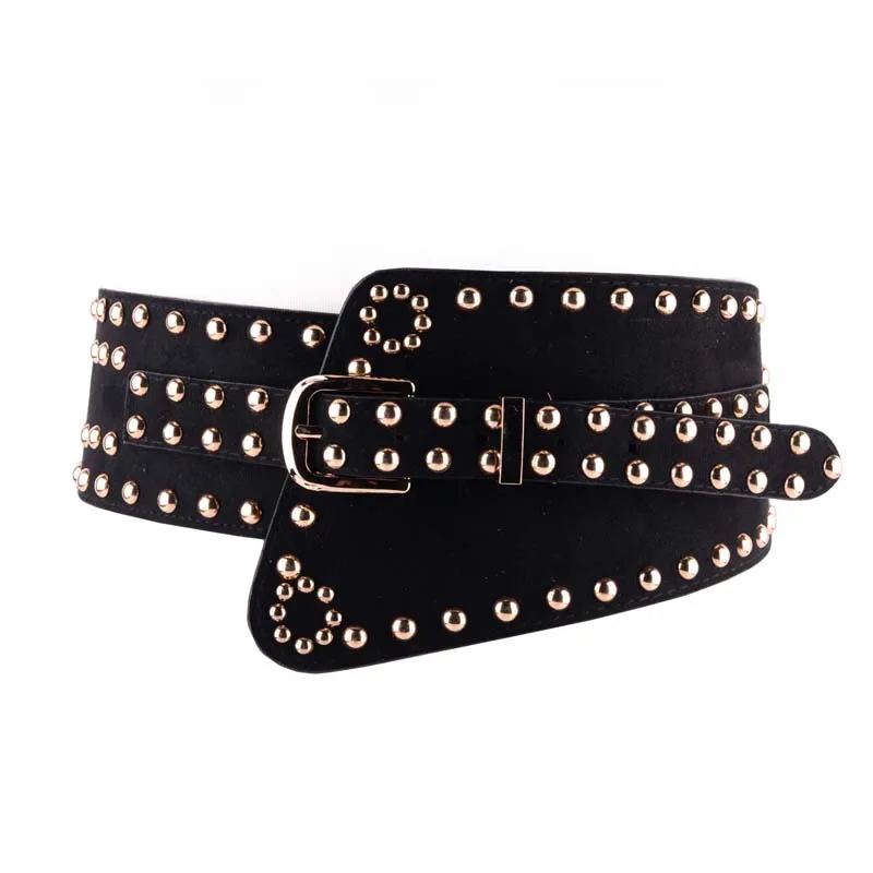 

Fashion Black Suede Fabric Waist Belt Autumn Designer Rivet Studded Elastic Waistband Female Winter Coat Corset Strap Caestus