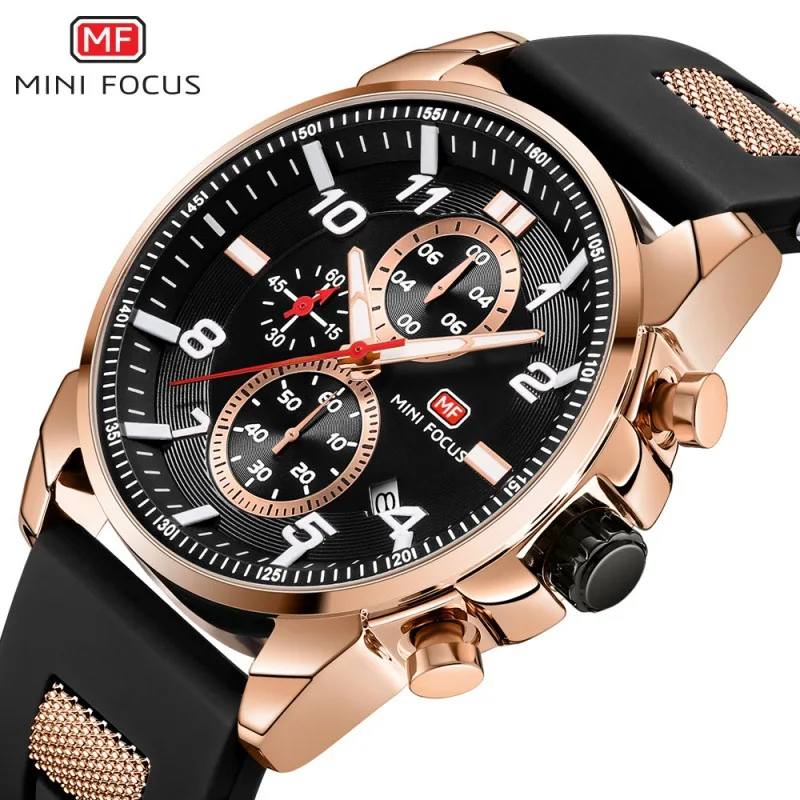 

Mini FOCUS Multi-functional Sports MEN'S Watch Three-Eyed Six-pin Calendar Night Light Waterproof Silicone Band 0268G