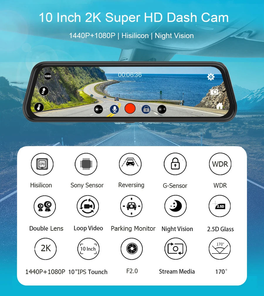 Автомобильный видеорегистратор Anfilite 2K 2560*1440 P, видеорегистратор huawei Hisilicon cpu 10 ''ips, сенсорное зеркало заднего вида, видеорегистратор ночного видения