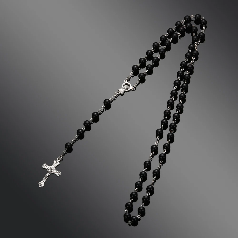 Vintage Rosary Beads Cross Necklace Fashion Round Crystal Bead Catholic