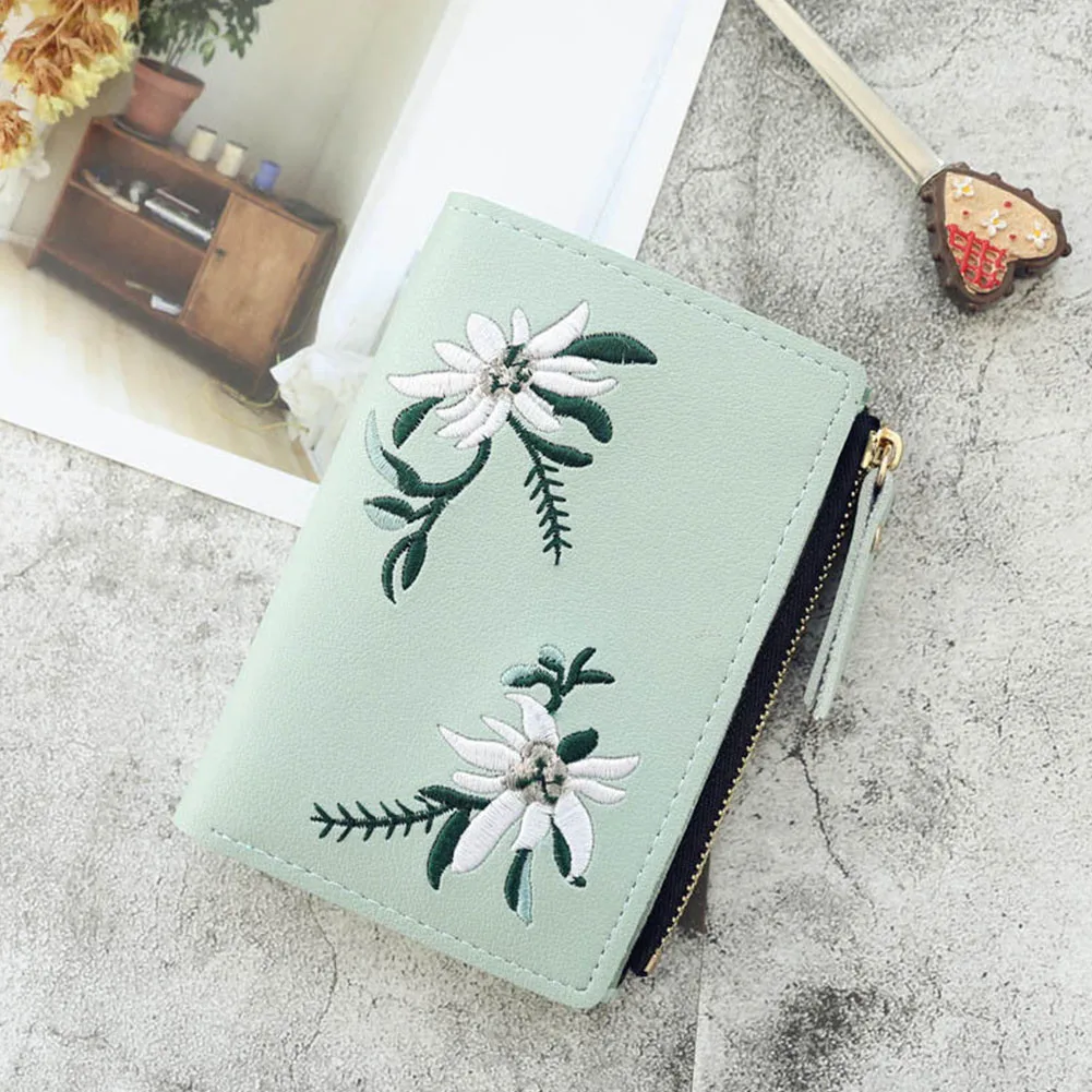 

Purse Flower Pocket Leather Print Wallet Card Holder Short Cash Embroidery