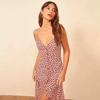 

Gemstone Midi Dress Women Sleeveless V neck Button Up Casual Dresses 2020 Elegant Evening Party Dress Floral Print Vistidos