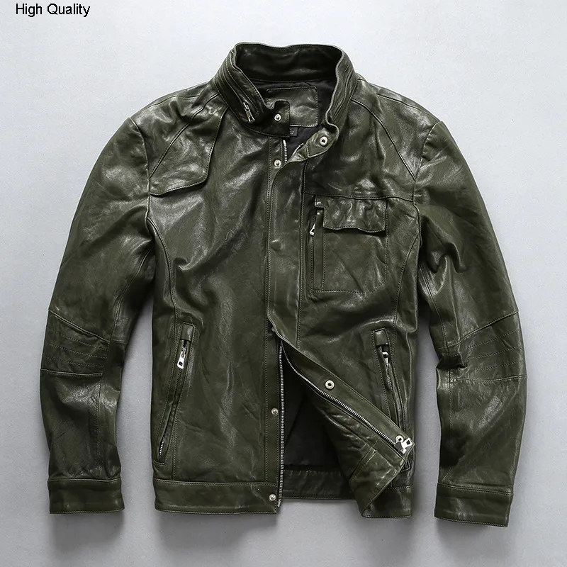 

fashion sheepskin genuine leather jacket men with pockets slim fit biker jacket green stand collar real leather coat