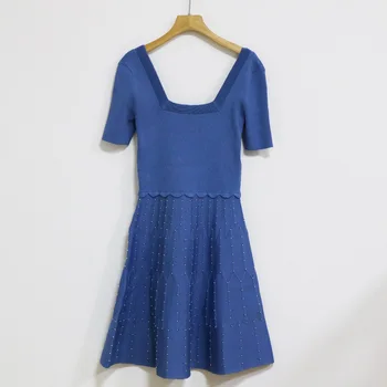 

Women Dress 2020 Spring New Knitted Dress Beaded Short Sleeve Retro Mini Dress