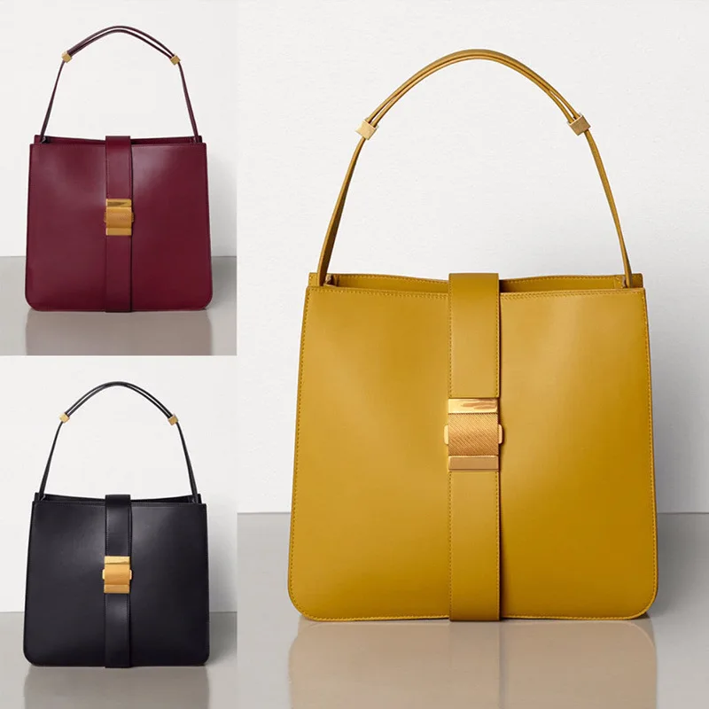 

2019 New Female Bag Real Leather Single Shoulder Bag Lock Button Big Bucket Bag Fashion Envelope Bag