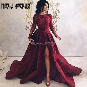 

Wine Red Beading Sequins Long Prom Dress Formal Gowns 2019 High Split Side Evening Dresses Saudi Arabic Vestidos Turkish Kaftans
