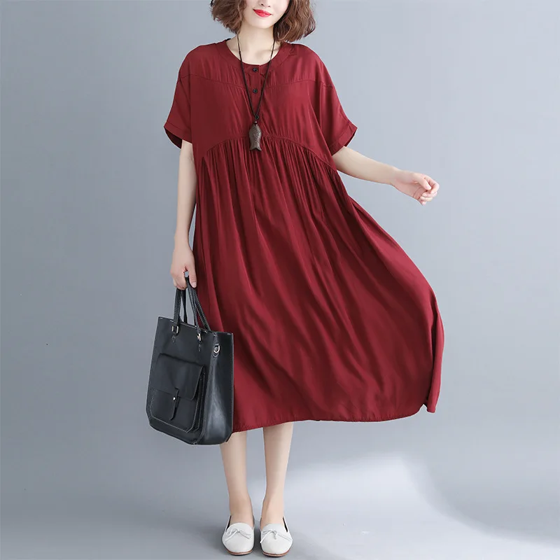 

New Style Literature And Art Large Size Dress Fat Mm Summer Wear Short Sleeve Skirt Medium Length Dress